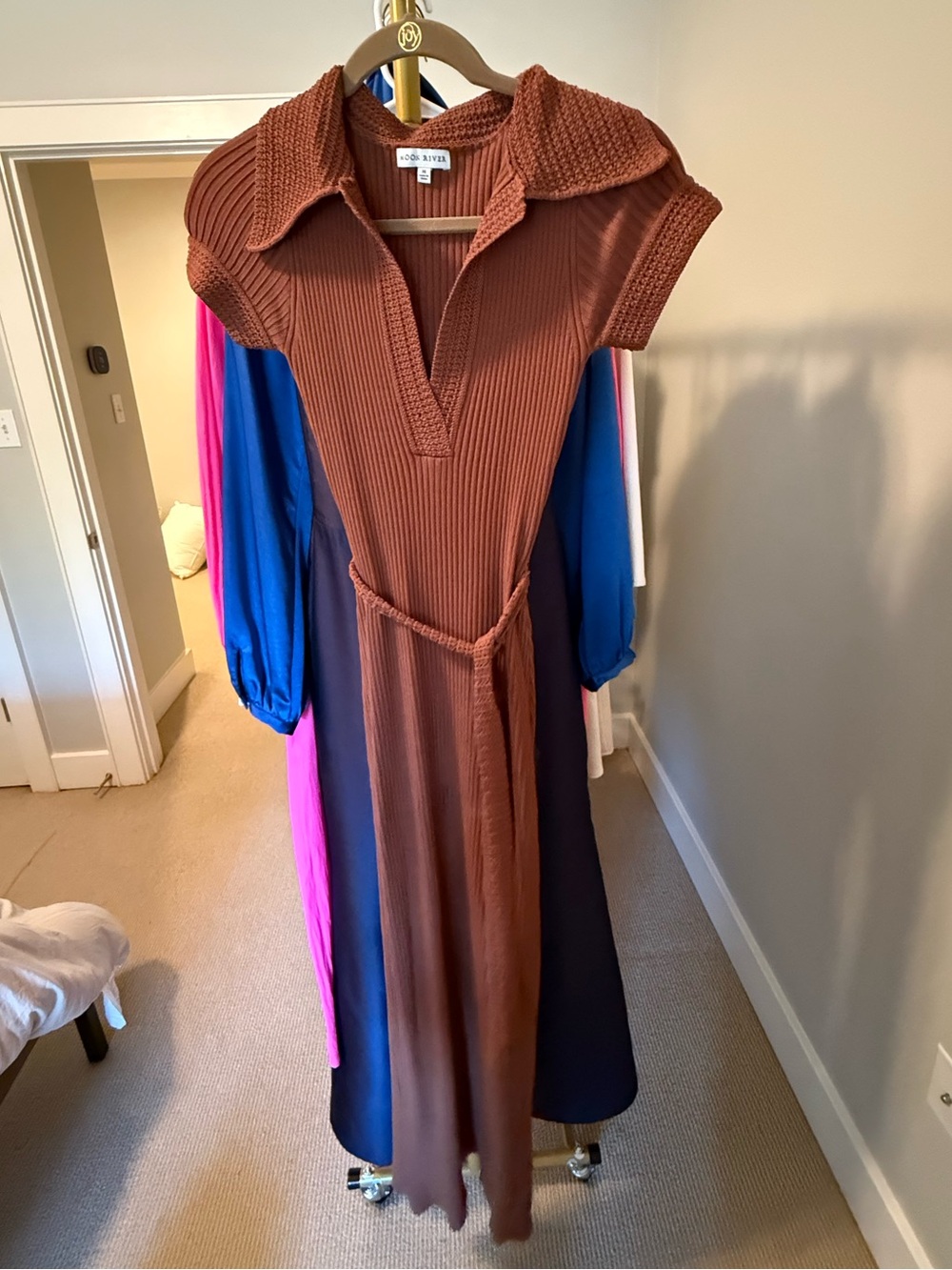 Moon River Ribbed Rust-Brown Midi Dress with Tie Waist